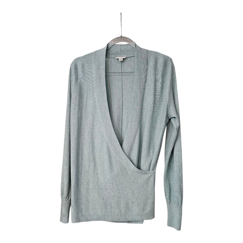 J. Jill Seamed Faux Wrap Sweater Womens XS Light Blue/Green Crossover V-Neck